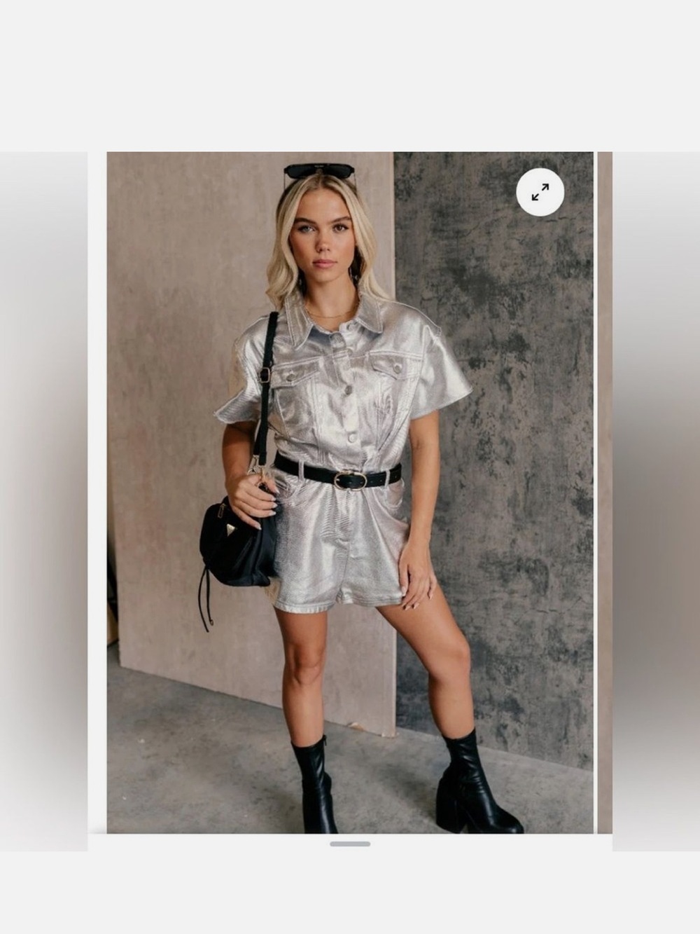 Peach Love California Metallic Silver Short Sleeve Romper - Picture 2 of 5